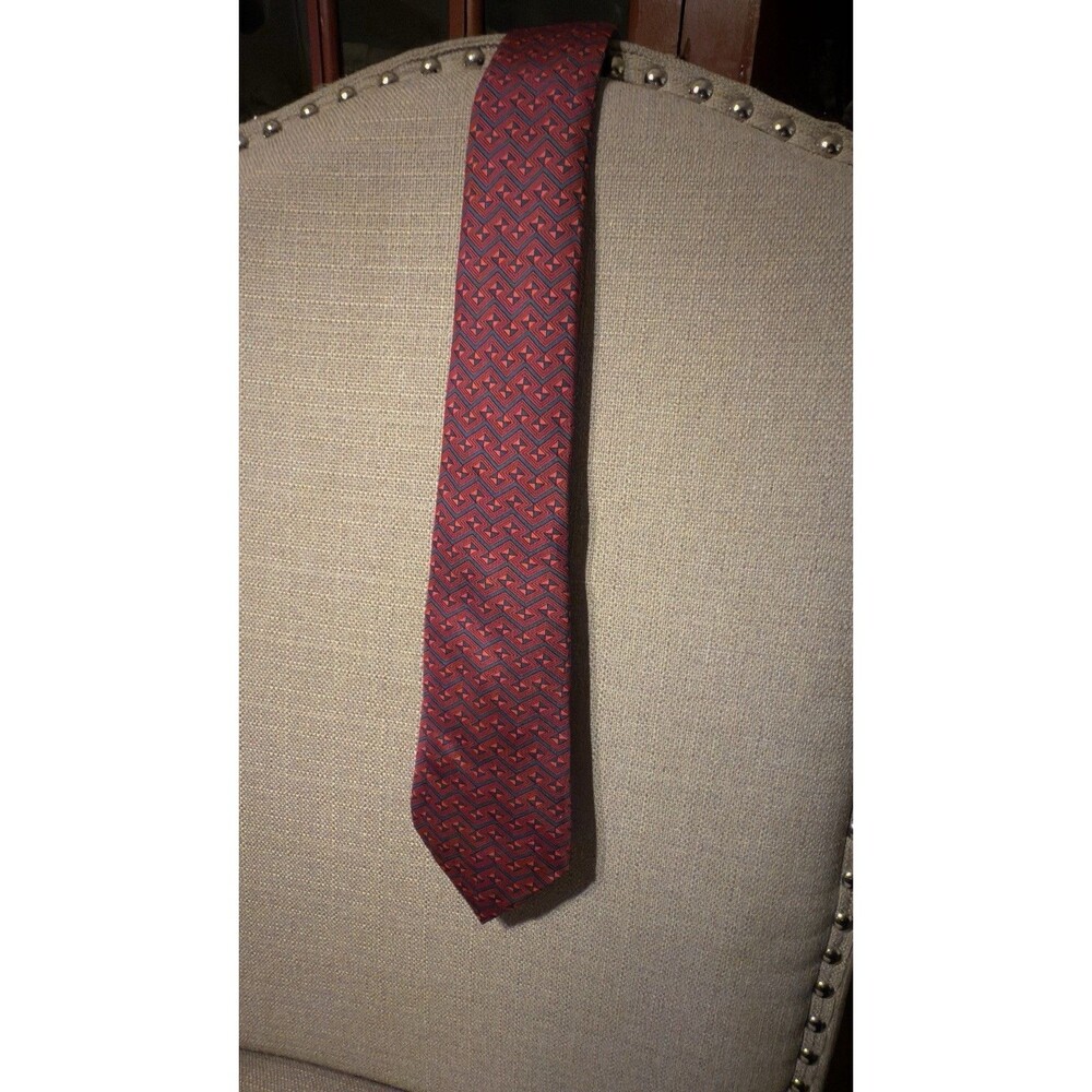 HERMES 7667 TA Men's Silk Necktie‎ FRANCE Luxury Geo Pattern Blue/Red EUC Rare
